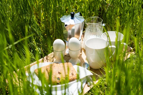 Desayuno para dos en el césped en el jardín — Foto de Stock