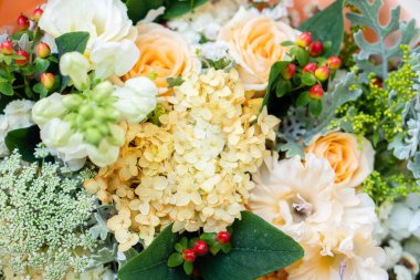 Beautiful floral background, assorted white and beige flowers, bouquer of roses and hydrangeas