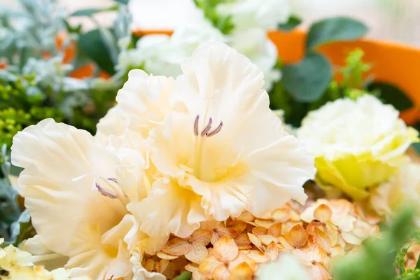 Hermoso fondo floral, surtido de flores blancas y beige, ramo de rosas y hortensias — Foto de Stock