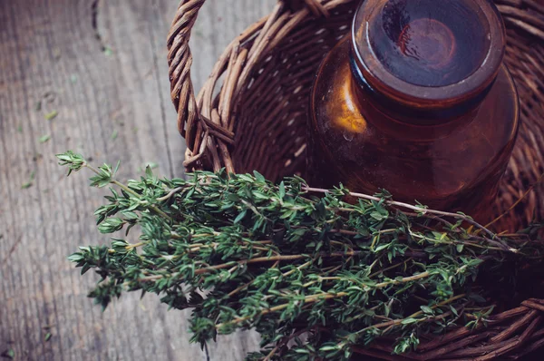 Apotheek fles en tijm in een mand — Stockfoto