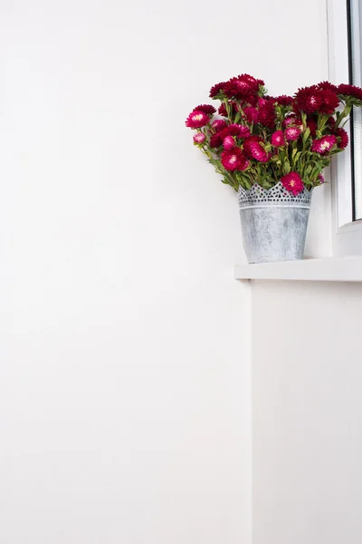 Red flowers in metal vase — Stockfoto
