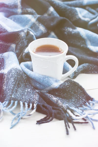 Té caliente y una teja a cuadros azul — Foto de Stock