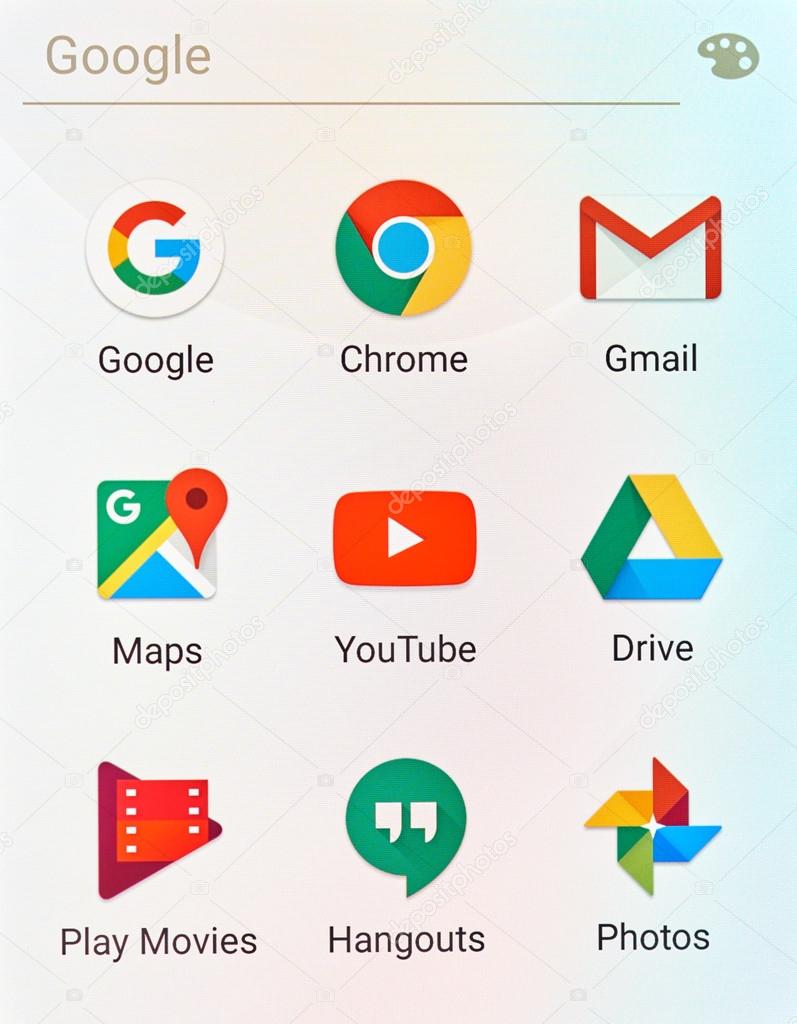 MONTREAL, CANADA - MAY 23, 2016 : Google applications logos on cellphone screen. Google is an American multinational technology company specializing in Internet-related services and products.