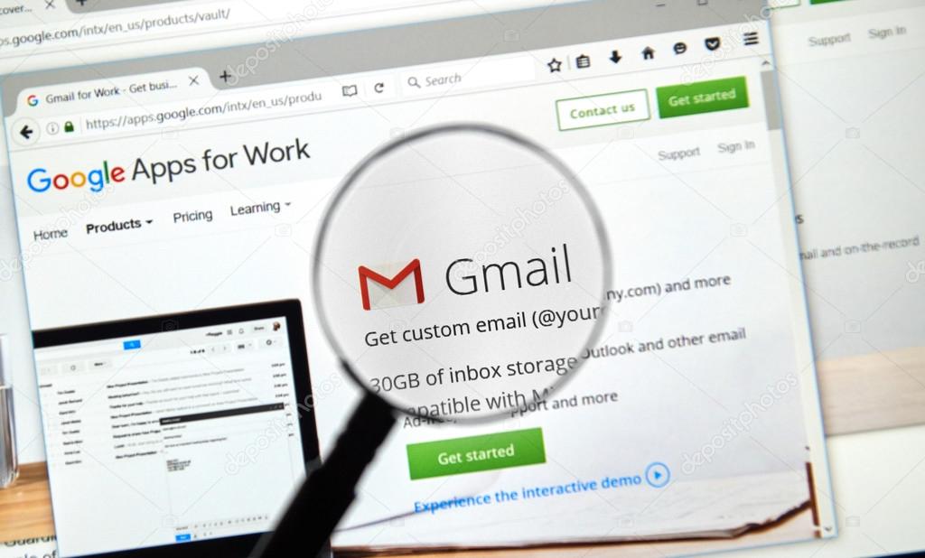 MONTREAL, CANADA - MAY 23, 2016 : Google Gmail web page under magnifying glass. Google is an American multinational technology company specializing in Internet-related services and products.