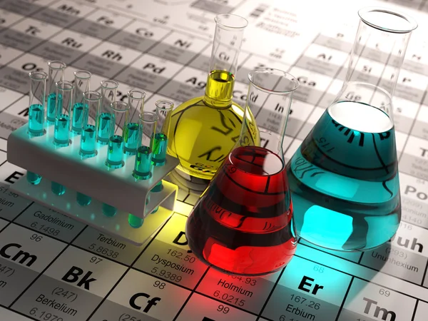 Laboratory test tubes and flasks with colored liquids on the per — Stock Photo, Image