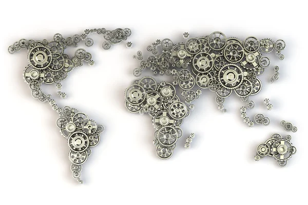 Mappa del mondo da ingranaggi metallici. Connessioni economiche globali — Foto Stock