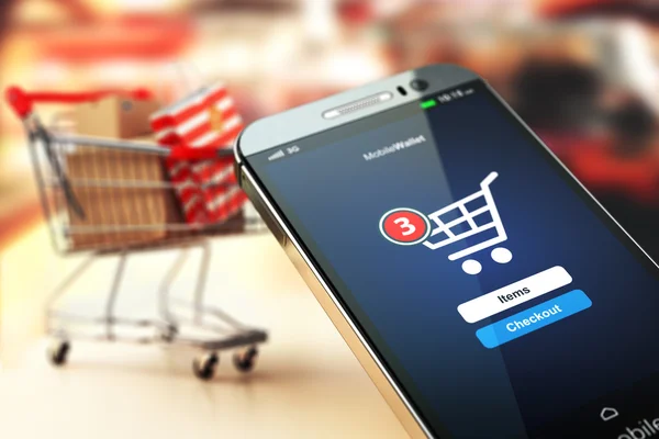 Online winkelen concept nackground. Mobiele telefoon of smartphone w — Stockfoto