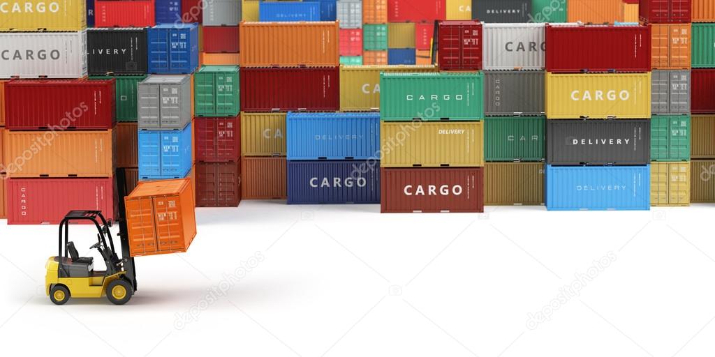 Cargo shipping containers in storage area with forklifts with sp