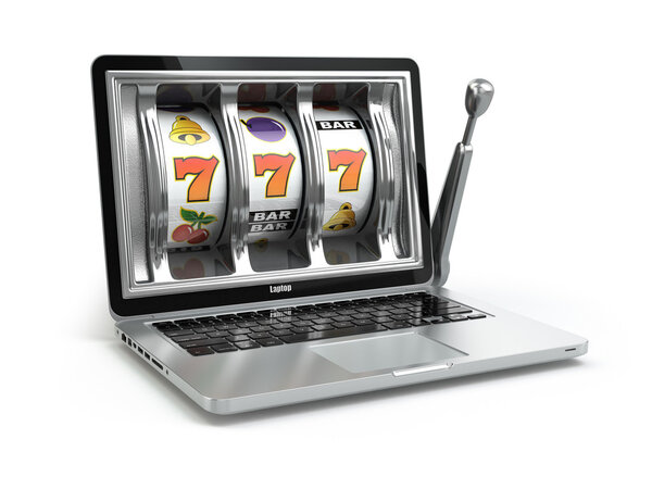 Casino online concept, gambling. Laptop slot machine.