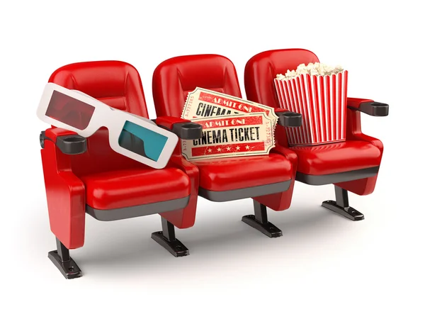 Bioscoop film concept. Rode stoelen met tickets, popcorn en 3d gla — Stockfoto