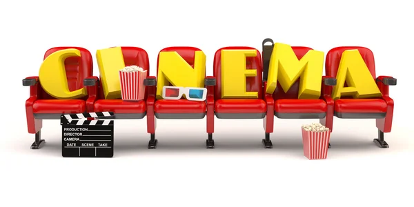 Cinema, movie or video concept. Row of seats with popcorm, glass — Stock Photo, Image