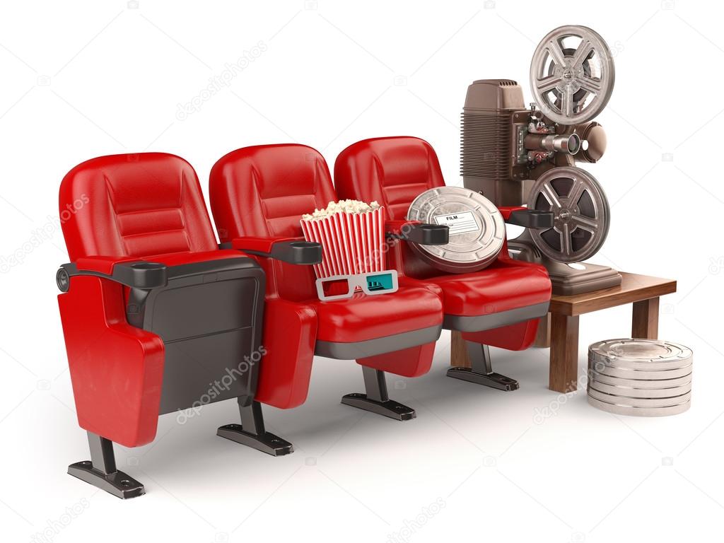 Cinema, movie or home video concept. Seats with reels, popcorm a