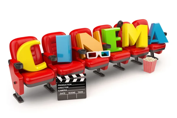 Cinema, movie or video concept. Row of seats with popcorm, glass — Stock Photo, Image