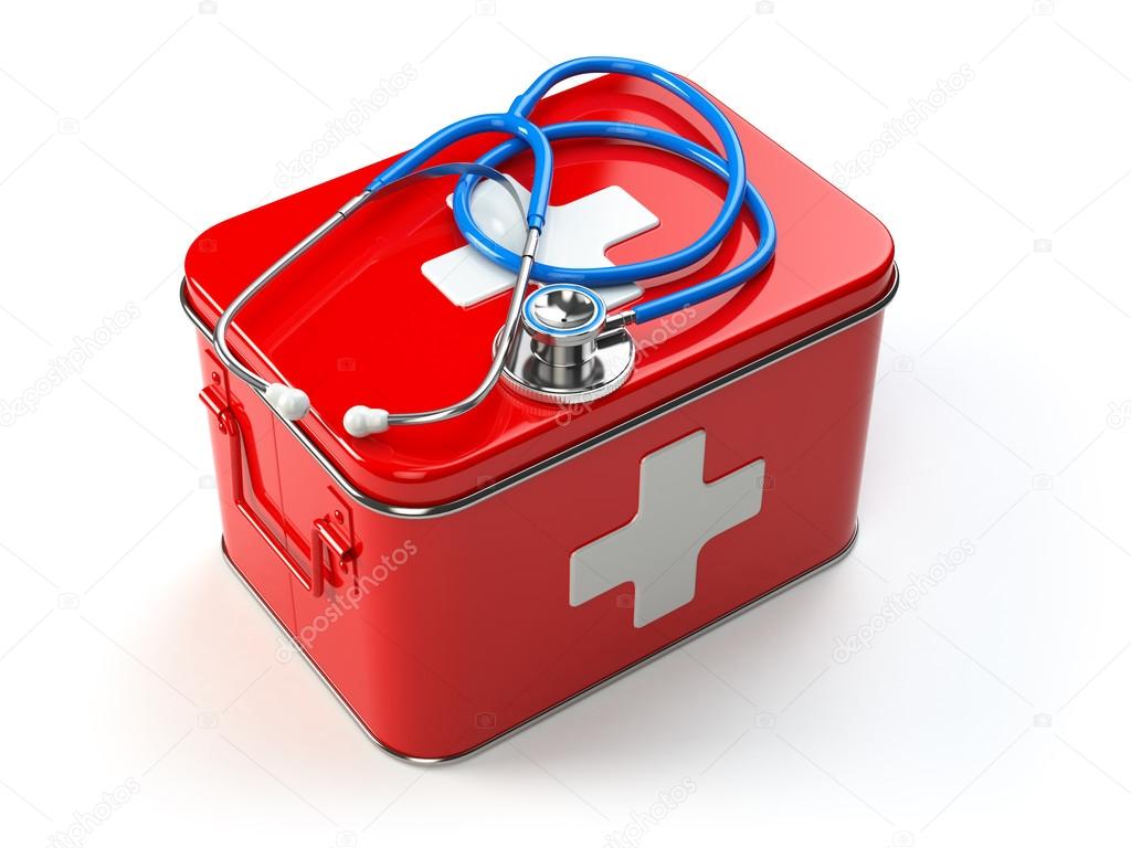 First aid kit with stethoscope isolated on white.