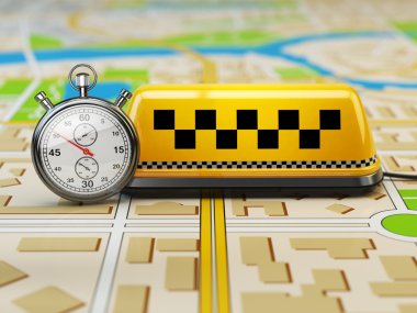 Şehir haritası kronometre ile taksi işareti. Taksi online kavramı