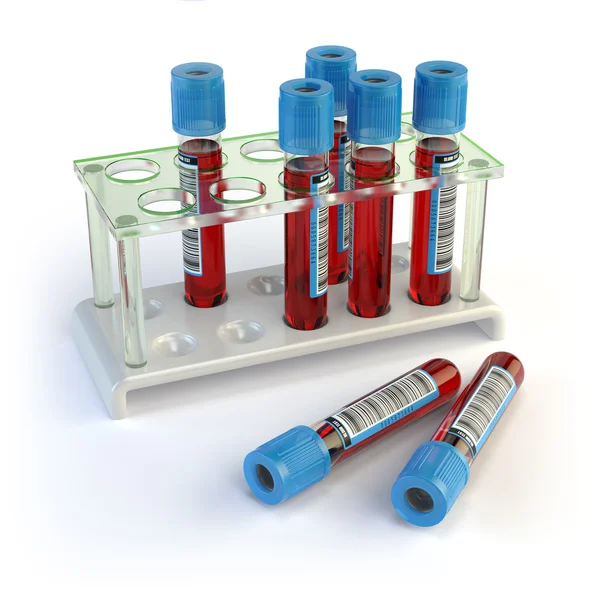 Blood test tubes. Blood samples in a rack  isolated on white. — Stock Photo, Image