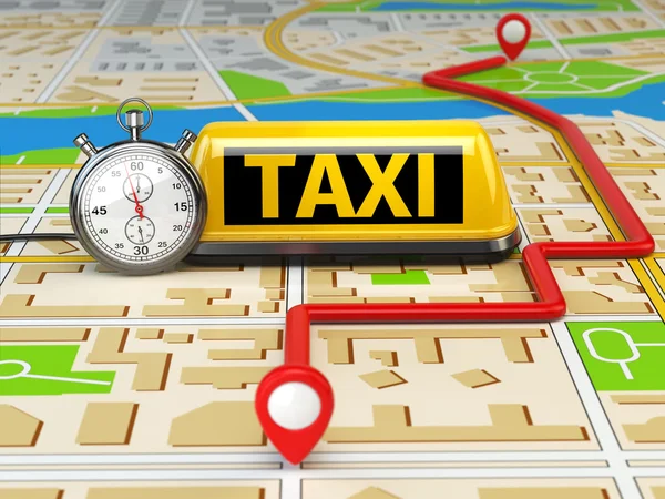 Taxi sign on the city map with stopwatch and route. Concept of t — Stock Photo, Image