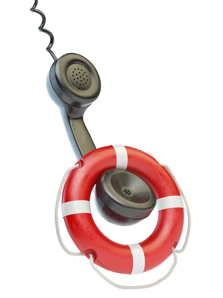 Hilfe oder Unterstützungskonzept. Telefonhörer und Rettungsring — Stockfoto