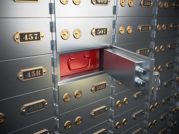 Safe deposit boxes with open one safe cell. — Stock Photo, Image