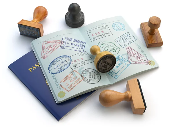 Travel or turism concept. Opened passport with visa stamps and d — Stock Photo, Image