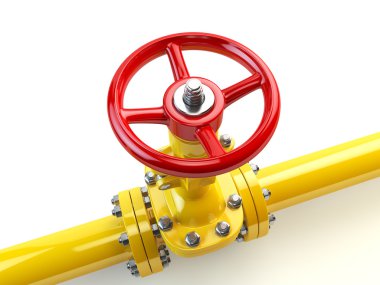 Sarı gaz boru hattı valfleri üzerinde beyaz izole. Yakıt ve enerji ben