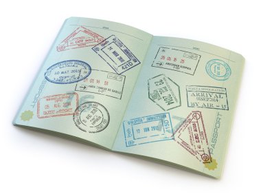 Opened passport with visa stamps on the  pages isolated on white clipart