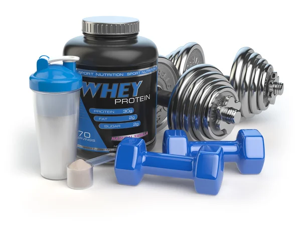 Proteine del siero con manubri e shaker. Sport bodybuilding sup — Foto Stock