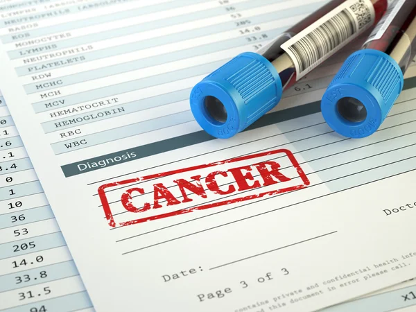 Cancer diagnosis. Blood in test tubes and results of hematologic — Stock Photo, Image