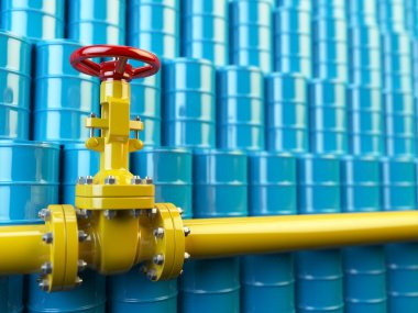 Sarı gaz boru hattı valfleri ve mavi petrol varil. Yakıt ve energ