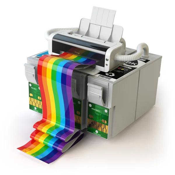 Printer- en CMYK-cartridges voor kleuren inkjet printer geïsoleerde o — Stockfoto