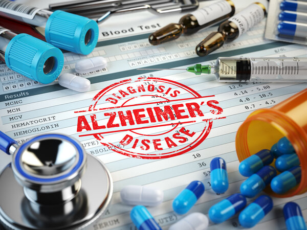 Alzheimers disease diagnosis. Stamp, stethoscope, syringe, blood