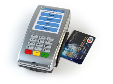 POS terminal üzerinde beyaz izole kredi kartıyla.