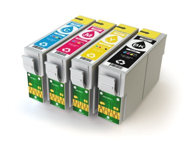 CMYK cartridges for colour inkjet printer isolated on white. clipart