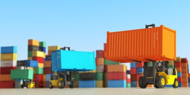 Depolama alanı kapsayıcılarında kargo ile yükleyiciler. Teslimat 