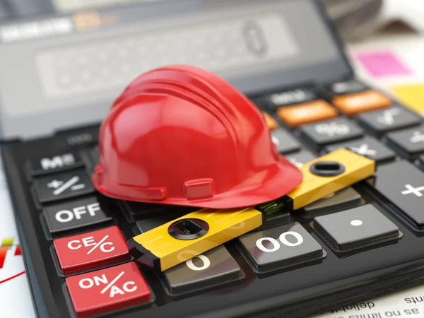 Construcciones herramientas hardhat y nivel en la calculadora. Concepto de —  Fotos de Stock