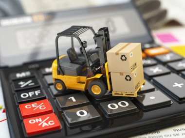 Hesap makinesi üzerinde cardboxes ile forklift. Nakliye d hesaplanması