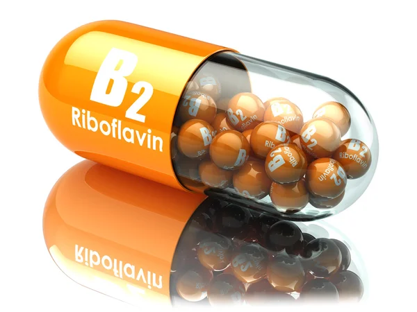 Vitamín B2 kapsle. Prášek s riboflavinu. Doplňky stravy. — Stock fotografie