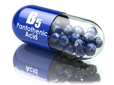 Vitamin B5 capsule. Pill with pantothenic acid. Dietary suppleme clipart