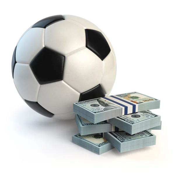 Soccer or football ball and packs of dollars. Sport bets concept — Stock Photo, Image