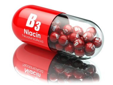 Vitamin B3 capsule. Pill with Niacin or nicotinic acid. Dietary  clipart