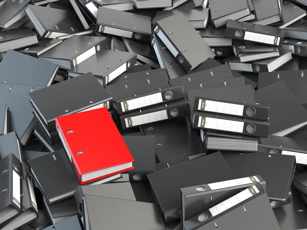 One red office binder and pile of black others.  Archive. File s — Stock Photo, Image