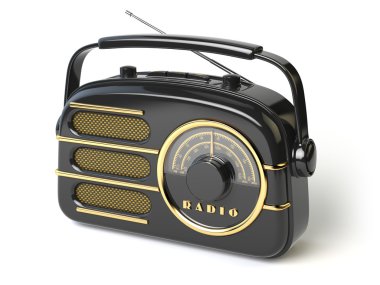 Beyaz izole siyah vintage retro radyo alıcısı.