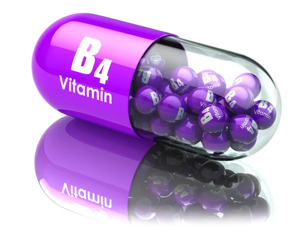 Vitamin B4 kapszula vagy tabletta. Étrend-kiegészítők. 3D-s illusztráció — Stock Fotó