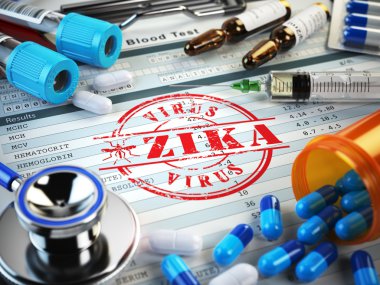 Zika virüs tanı. Damga, stetoskop, şırınga, kan testi bir