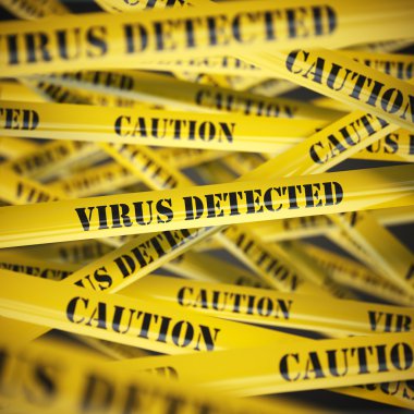 Virus detected yellow caution  tape background. Security concept clipart