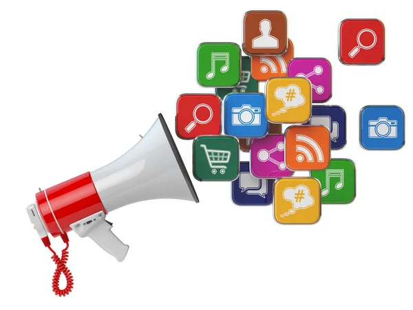 Megaphone with cloud of application icons. Digital marketing con — Stock Photo, Image