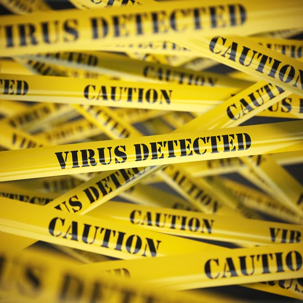 Zjištěn virus žlutou výstražnou páskou pozadí. Bezpečnostní koncepce — Stock fotografie