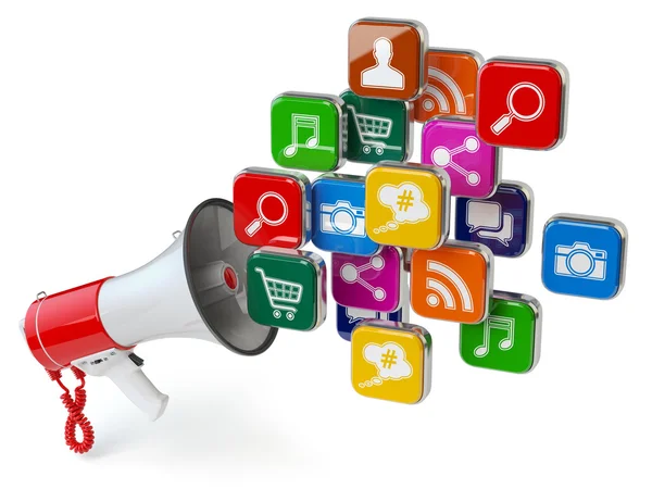 Megaphone with cloud of application icons. Digital marketing con — Stock Photo, Image