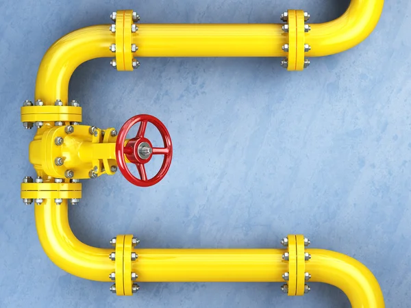 Yellow gas pipeline valve on a blue wall. Space for text. — Stock Photo, Image