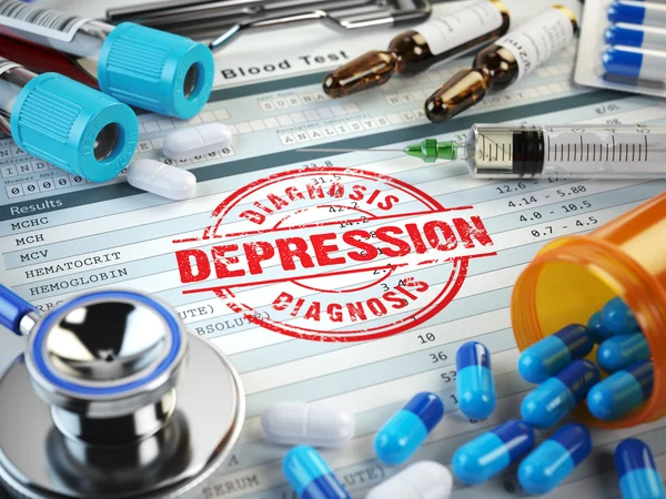 Depression diagnos. Stämpel, stetoskop, spruta och blodprov en — Stockfoto